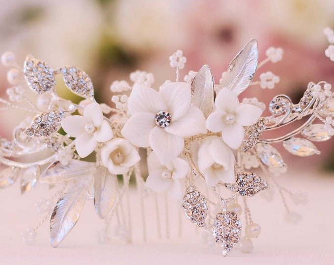Flower Hair Comb Hand-crafted with beautiful White Flowers, Rhinestone Leaves And Pearl Baby's Breath Accents
