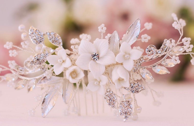 Bridal Hair Comb Hand-crafted with beautiful Off White Flowers, Rhinestone Leaves And Pearl Baby's Breath Accents image 10