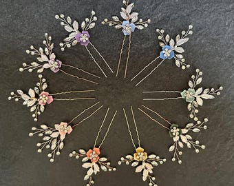 Pastel Rainbow Flower Hair Pins – Custom Bridesmaid Gifts with Personalized Flower & Leaf Colors