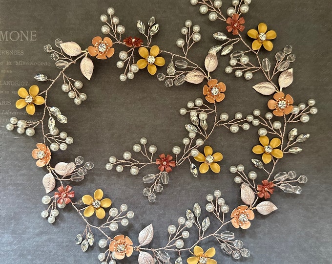Sunflower And Coral Flower Wedding Colors, Hair Accessory With Custom Flower Colors