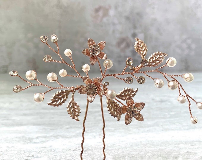 Rose Gold Hair Pin With Flower And Leaf Accents