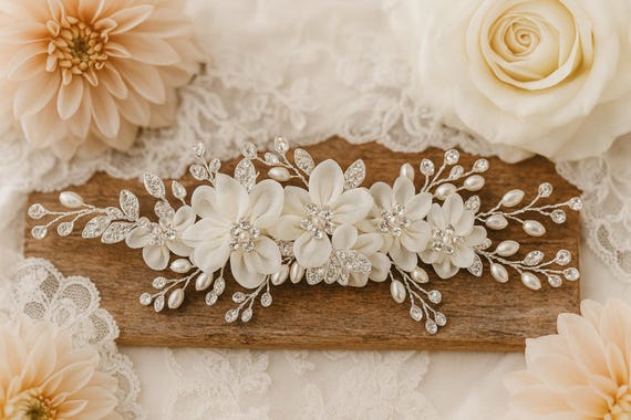 Chiffon Flower Bridal Hair Comb With Pearls & Rhinestones  display picture 3