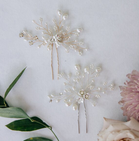 Women\'s 9 Pieces Rhinestone Crystal Handmade Bridesmaid Floral Pearl Hair Pins Billbianc Pearl Bride Wedding Hair Pins, Leaf Bridal Head  main image 3