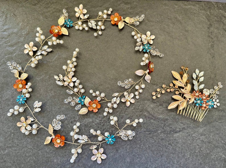 Terracotta Flower Hair Vine, Fall Wedding Colors, Bridal Hair Jewelry, Customizable Flower Colors image 5