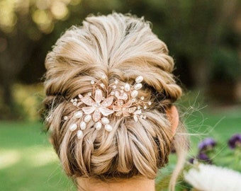 Rose Gold Or Silver Flower Hair Comb With Beautiful Pearl And Rhinestone Accents, Wedding Hair Accessory