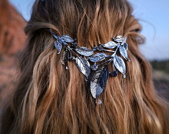 Renaissance Leaf Hair Chain With A  Black Gunmetal And Silver Leaf Design, Festival Hair Accessory