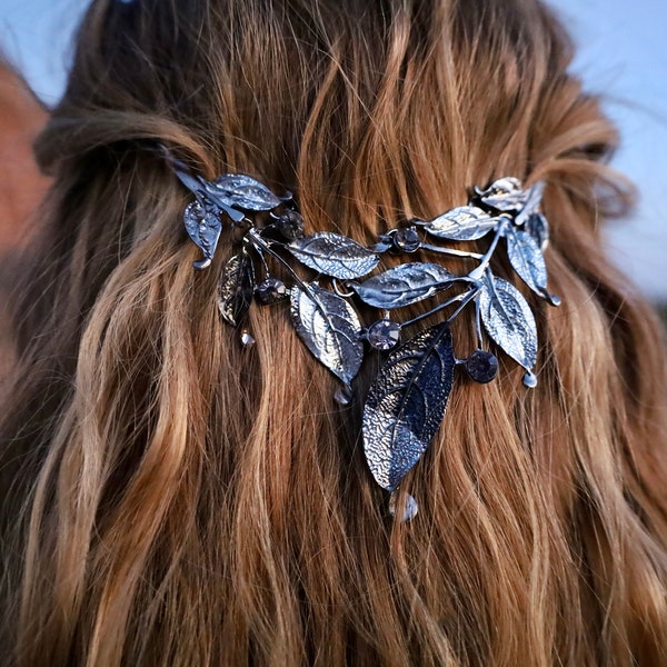 Renaissance Leaf Hair Chain With A  Black Gunmetal And Silver Leaf Design, Festival Hair Accessory