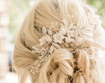 Bridal Hair Comb Hand-crafted with beautiful Off White Flowers, Rhinestone Leaves And Pearl Baby's Breath Accents