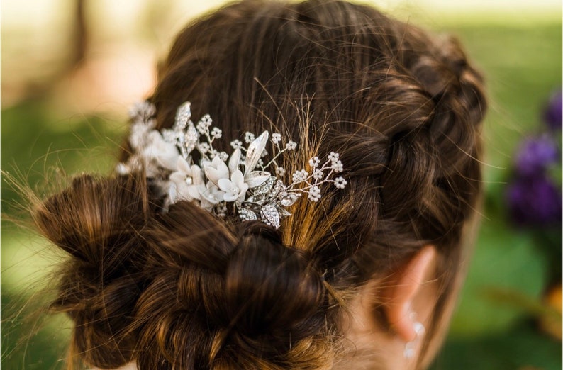 Bridal Hair Comb Hand-crafted with beautiful Off White Flowers, Rhinestone Leaves And Pearl Baby's Breath Accents image 3