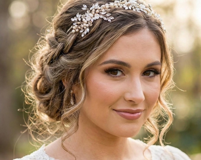 Rose Gold Wedding Hair Vine, Crystal Pearl Bridal Hair Jewelry with Floral & Leaf Details, Wear Front or Back