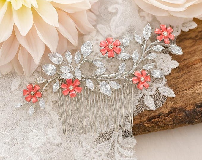 Coral Hair Comb with Customizable Flowers to Match Your Wedding Palette, Marquise Crystal Stones