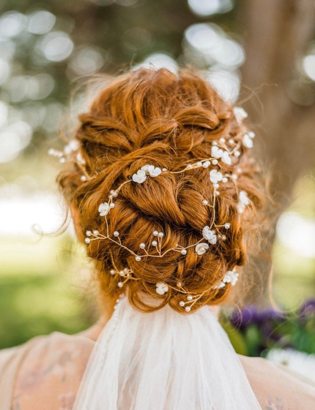 Long Gold Hair Vine With Delicate Flowers and Pearl Baby display picture 1