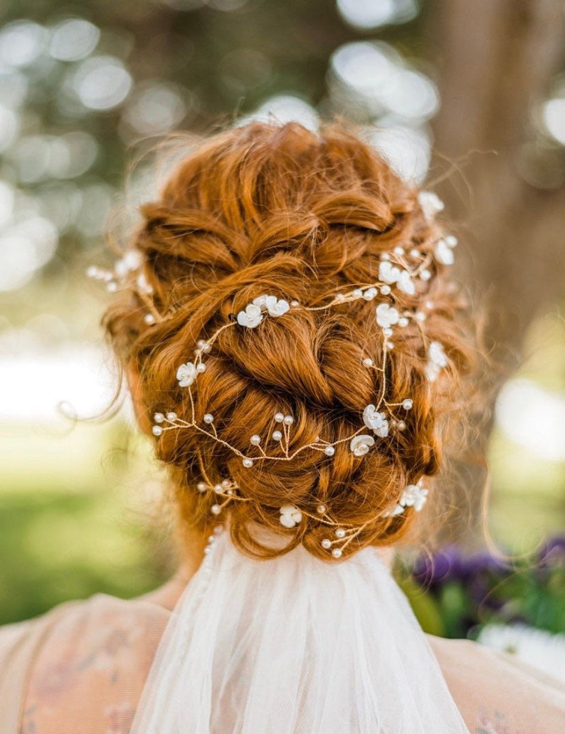 Flower Hair Vine With Delicate Off White Flowers And Pearl Baby's Breath Accents, Wedding Hair Accessory image 2