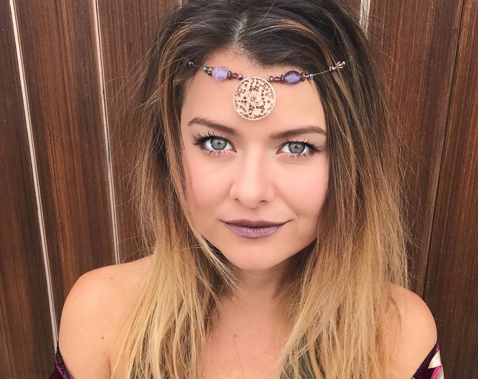 Boho Gift For The Hippie In Your Life, Purple Hair Accessory With Copper Accents, Festival Style, Hair Chain