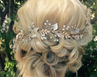 Hair Vine, Bridal Antique Gold Leaf Hair Vine, Wedding Hair Accessory, Bridal Wreath With Clear Crystal Rhinestones, Hair Crown