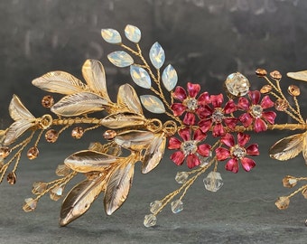 Red Berry And Gold Accessory With Custom Colored Metal Flowers, Perfect For A Holiday Bride