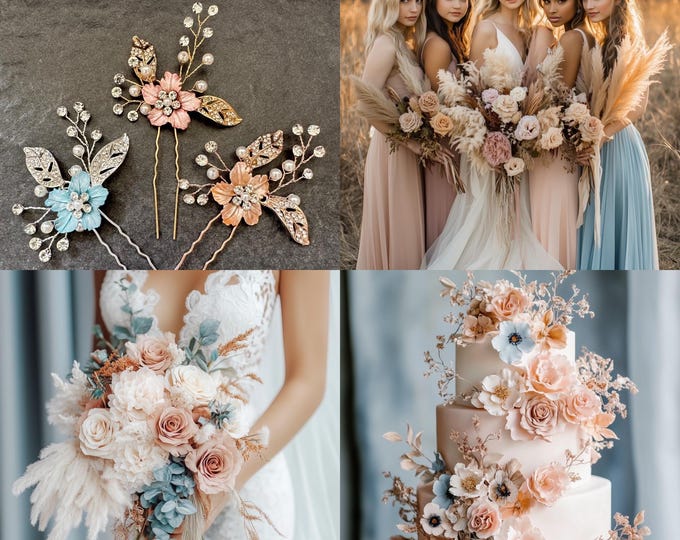 Peach & Light Dusty Blue Hair Pins Custom Made To Match Your Wedding Palette, Bridesmaid Hair Accessory Gift