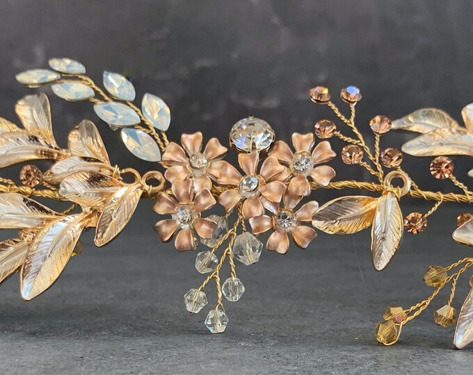 Handmade Bridal Hair Accessory With Custom Colored Metal Flowers And Leaves, Perfect For A Fall Bride