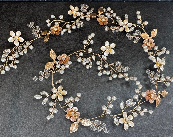 Gold Flower Hair Vine For Brides With Long Hair