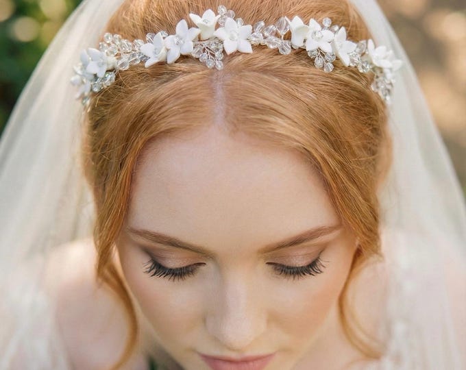 Silver Flower Headband With Soft White Colored Flowers And Clear Crystals