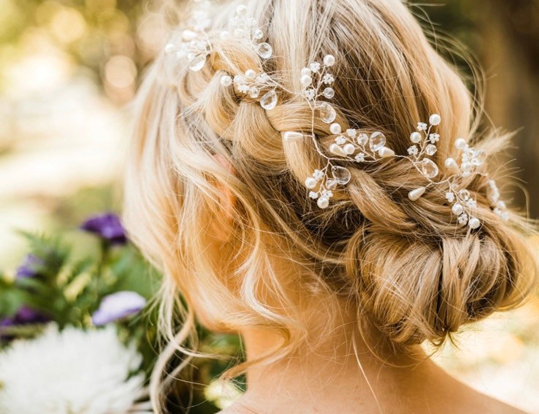 Crystal Bride Wedding Hair Vine Silver Rhinestone Boho Accessories Bridal 3 PC Bride Flower Pearl Gem Hair Jewelry Set, Rhinestone  main image 4