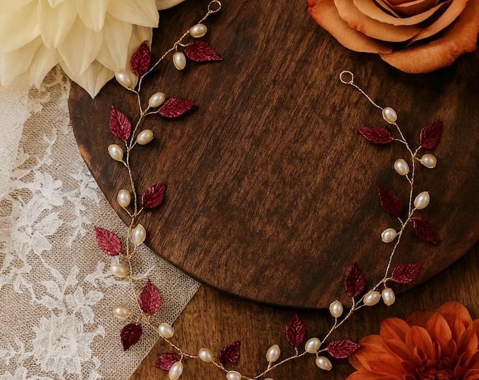 Cranberry Leaf Hair Vine, Custom Shades for Bridal & Prom |Nature Inspired Leaf Headband, Boho Rustic Wedding