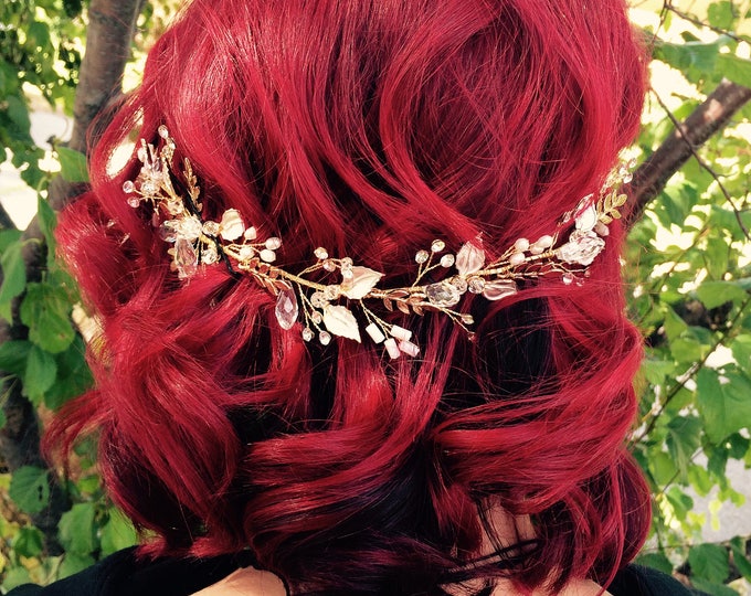 Rose Gold Hair Vine, White Gold Leaf Hair Vine, Rose Gold Wedding Hair Accessory, Rose Gold Bridal Wreath, Rhinestone Hair Vine, Hair Crown