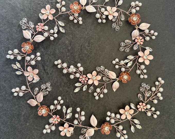 Rose gold And Champagne Floral Hair Vine With Custom Flower Colors To Match Your Wedding