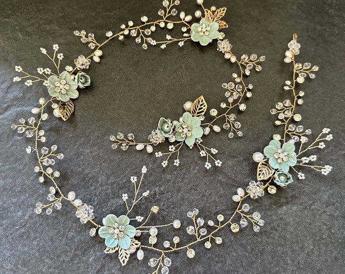 Sage Green Floral Hair Vine With Accent Flowers, Boho Wedding Hair Accessory, Variety Of Flower Colors Available