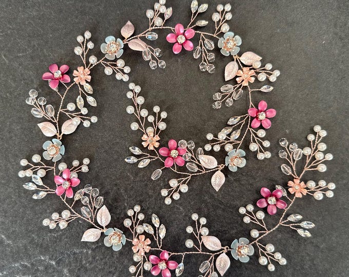 Fuchsia And Rose Gold Hair Vine, Custom Flower Colors Available