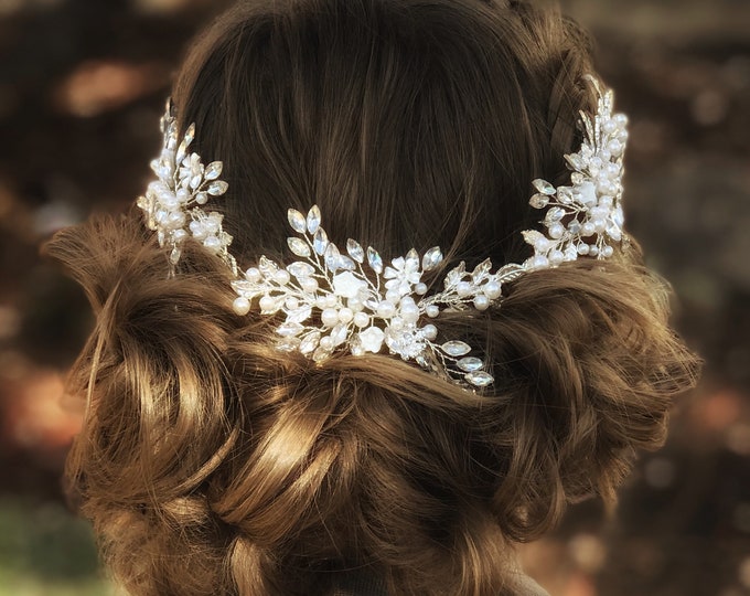 This Lovely Bridal Hair Accessory Features Leaf And Flower Accents With Sparkly Rhinestones, Wedding Hair Vine