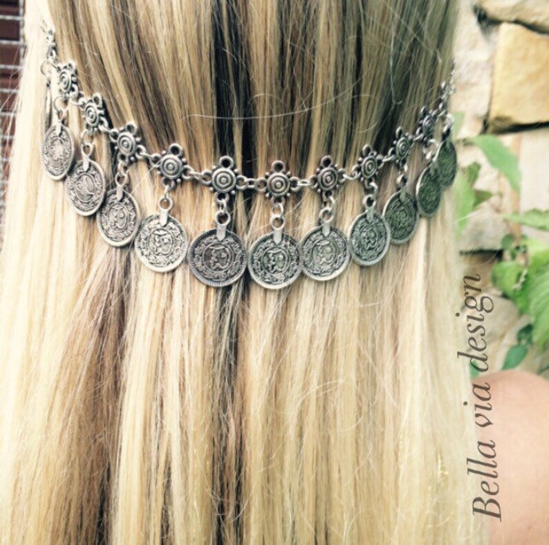 Boho Hair Jewelry Silver Coin Hair Chain Accessory Tribal Etsy