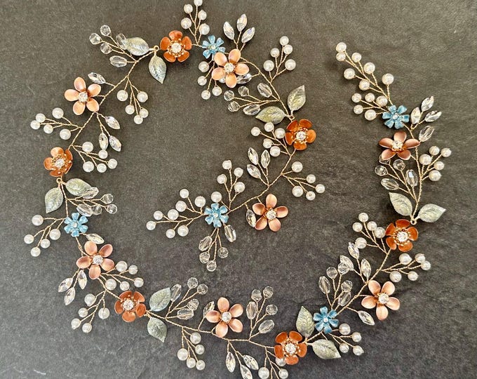 Sunset Flower Hair Vine, Custom Colored Flowers To Match Your Wedding Colors, Bridal Hair Accessory