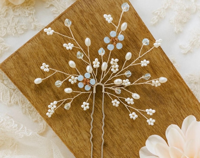 Silver Bridal Hair Pin With Pearl Baby's Breath And Delicate Accent Flowers With a Hint Of Rose Gold In The Center Rhinestone