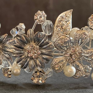 Silver Head Piece With Gunmetal Colored Flowers, Rhinestone and Pearl ...