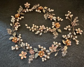 Blush & Rose Gold Flower Hair Vine, flores de colores personalizados para que coincidan con los colores de su boda, accesorio para el cabello nupcial