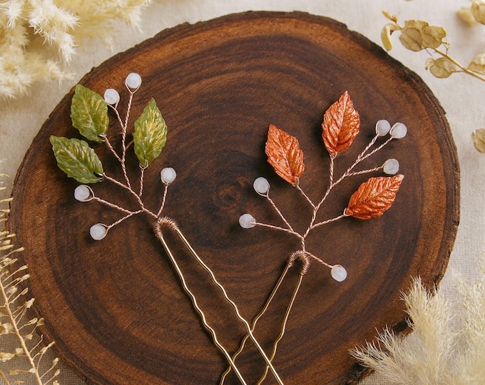 Fall Leaf Hair Pins – Bridal & Boho Wedding Hair Accessories, Custom Colors