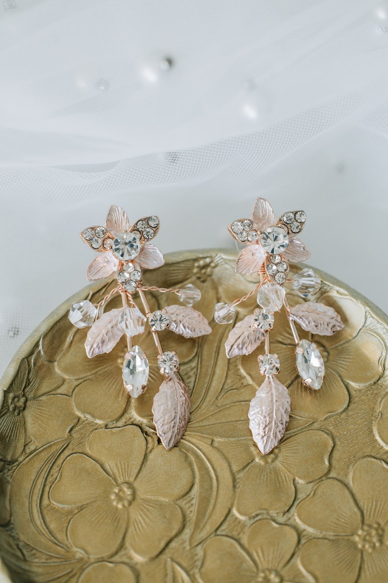 Floral Earrings In Gold Silver And Rose Gold With Rhinestone Details image 8