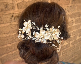 Long Flower Hair Vine With Soft Rose Gold Leaves, Matching Flower Comb & Hair Pins