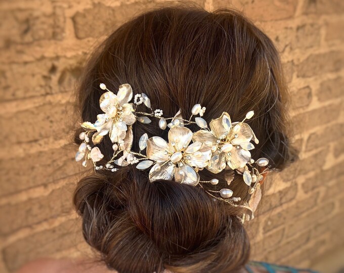 Long Flower Hair Vine With Soft Rose Gold Leaves, Matching Flower Comb & Hair Pins