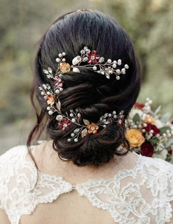 ヴィンテージ調 花柄装飾 ヘアブラシsterling silver Burnt Orange/copper and Silver Flower Hair Vine, Custom Colored