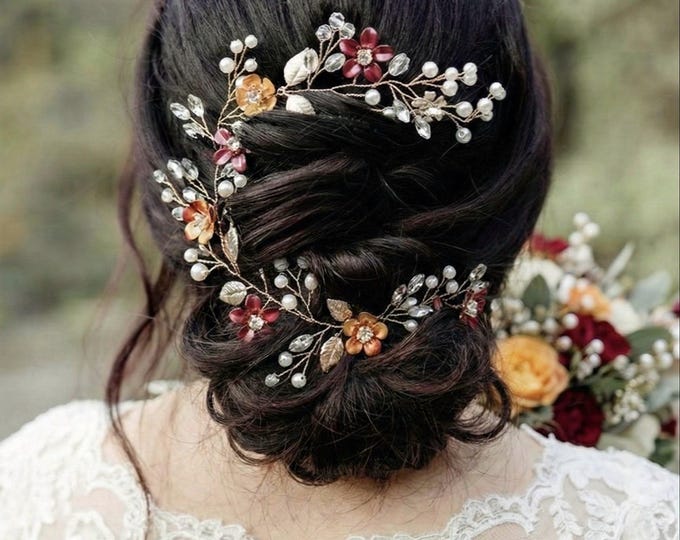 Burnt Orange/Copper And Silver Flower Hair Vine, Custom Colored Flowers To Match Your Wedding Colors, Bridal Hair Accessory