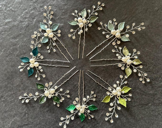 Handcrafted Leaf Hair Pins – Personalized Wedding Hair Accessories, Custom Green Colors