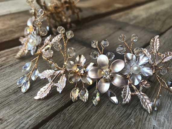Mixed Metal Rose Gold Bridal Hair Accessory Mixed Metal Bridal Head Piece With Customizable Flower  main image 3