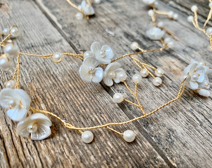 Flower Hair Vine With Delicate Off White Flowers And Pearl Baby's Breath Accents, Wedding Hair Accessory