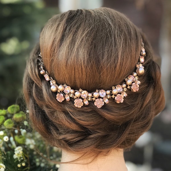 Rose Gold Flower Hair Jewelry, Blush Pearl Hair Piece, Vintage Victorian Bride