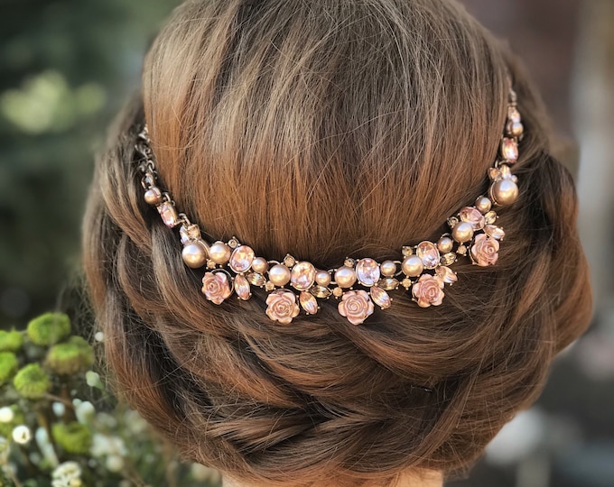 Rose Gold Flower Hair Jewelry, Blush Pearl Hair Piece, Vintage Victorian Bride