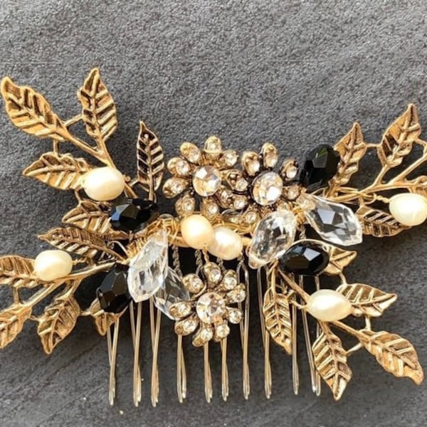 Antique Gold Hair Comb With Black Accent Crystals. Vintage Inspired Hair Accessory