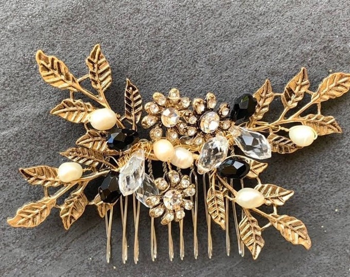 Antique Gold Hair Comb With Black Accent Crystals. Vintage Inspired Hair Accessory