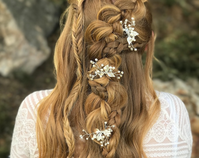 Wedding Hair Pins, Pearl Rhinestone Hair Pins, Wedding Hair Accessory, Gold Leaf Hair Pins, Bridesmaid Hair Accessory